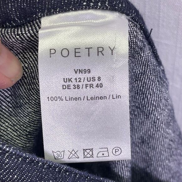 Poetry Blue Faux Wrap 100% Linen Wide Leg Chambray Cropped Culotte Pants Size 8 - Picture 10 of 12